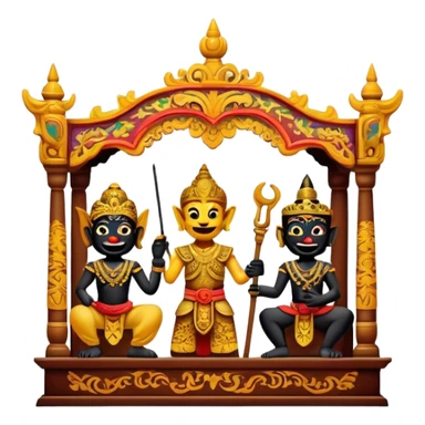Cinematic Realistic Wayang Kulit Pop Culture Emoji, featuring a vibrant shadow-puppet theatre scene rendered with dynamic textures and artistic, traditional lighting. sticker