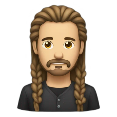 Men with long, tied hair and a goatee sticker