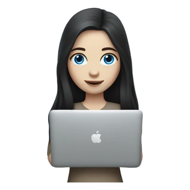 A girl with pale skin, blue eyes and dark long hair holding MacBook  sticker