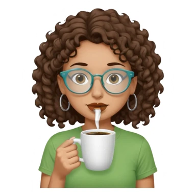 White girl with dark brown curly hair, brown eyes, sky blue glasses, nose piercing septum, green t shirt, drinking coffee from a cup sticker