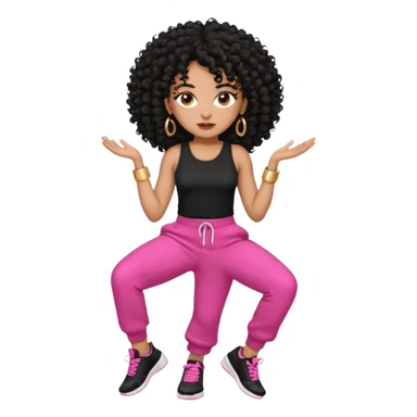 Black woman, adult, 4C black curly hair, dark brown eyes, wearing black top, pink pants, black sneakers, gold hoop earrings mostrando os músculos  sticker