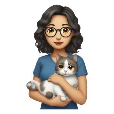 Southeast asian girl wearing glasses and shoulder length wavy hair holding a cat sticker