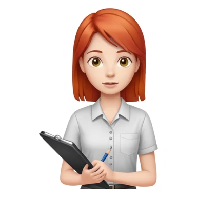 Intern or volunteer red hair holding a clipboard and pencil, ready to take notes or assist. The character wears a simple shirt and has an eager posture sticker