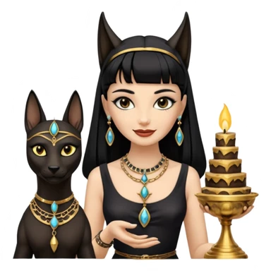 Smiling Witchy-mannered smoky-evil-eyed real Audrey Hepburn cleopatra Anubis conjuring Protecting silky black-haired tiny chained-adorned statuette-scale dessert scenery stone-age cracked ancient antique  sticker