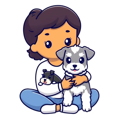 Black girl with short bangs holding a white schnauzer puppy sticker