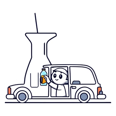 car with a driver sipping from a bottle, wobbly motion lines sticker