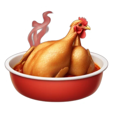 a perfectly cooked chicken in a red dish, smoking because it's hot. sticker