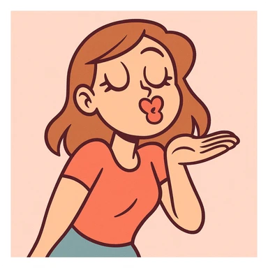 colorful cartoon style young woman blowing a kiss, lips shaped like a heart, pastel background sticker