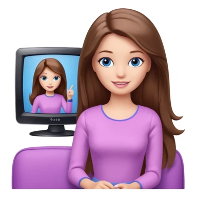 beautiful barbie girl with long brown hair, blue eyes and wearing light purple clothes watching tv sticker