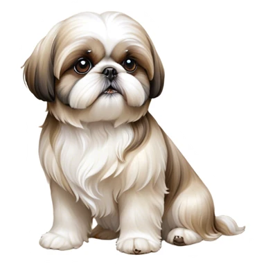 Cinematic Noble Shih Tzu Portrait Emoji, Poised and elegant, with a luxurious, flowing fur in refined muted tones, delicate features and wise, gentle eyes, simplified yet meticulously detailed, glowing with a soft, regal radiance, high shine, exuding quiet dignity and timeless charm, soft glowing outline, capturing the essence of a noble Shih Tzu that epitomizes refined poise! sticker