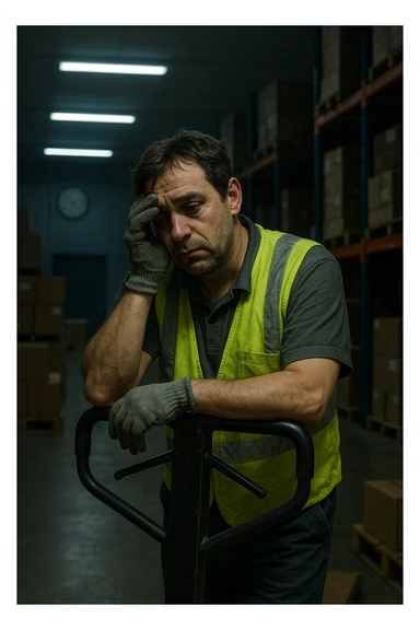 a tired warehouse worker in his 40s, wearing a reflective vest and work gloves, stands under harsh fluorescent lights in a large, dimly lit warehouse. He leans on a pallet jack, eyes heavy with fatigue and dark circles under them. Stacks of boxes and shelves loom in the background, and a wall clock shows it’s the middle of the night. The mood is somber and empathetic. sticker
