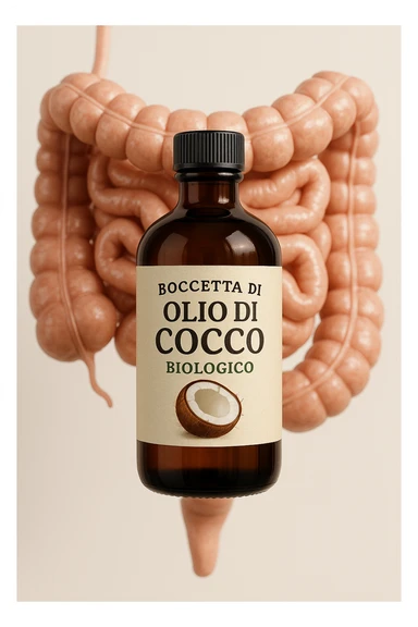 BOCCETTA DI OLIO DI COCCO BIOLOGICO (FAI UN ETICHETTA SUL PRODOTTO IN ITALIANO) CHE FLUTTUA IN ARIA DAVANTI A UN INTESTINO UMANO ANATOMICO IN PERFETTA SALUTE, SFONDO CHIARO, iperrealistico 4k sticker