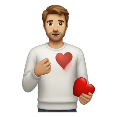 White man with brown hair holding a broken heart sticker