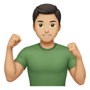 A determined Korean man in a green shirt, clenching his right fist with a confident & smile expression. Emoji-style digital illustration sticker