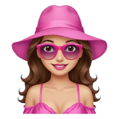 girl with long wavy brown hair, brown eyes, long lashes makeup, sexy pink lips, smiling, light to medium complexion, wearing a pink sexy silk top, relaxing by the pool sticker