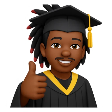 Create a male African American graduate emoji with the hairstyle and features from the reference photo, wearing a graduation cap and gown, giving a thumbs up. No background. sticker