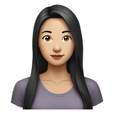 A head and shoulders shot of a 33 year old Asian woman, with long black hair,   with brown eyes wearing a t-shirt. sticker