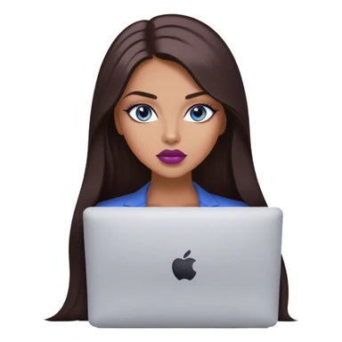 Glamours tanned very beautiful girl with pump mauve lips and dark chocolate straight smooth long hair, blue-grey eyes with MacBook sticker