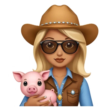Cowgirl wearing sunglasses and holding a small pig sticker