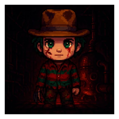 Add a spooky, nightmarish background with a boiler room and dark shadows behind Freddy Krueger, keep pixel art style sticker