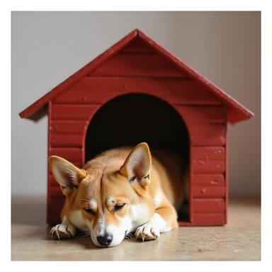 realistic red dog house with a Corgi dog inside, Corgi sleeping, photorealistic style sticker