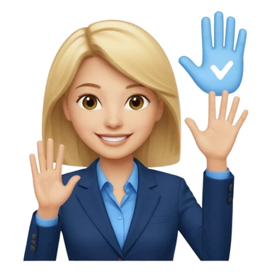 Make emoji of business woman with light skin and medium blonde hair in a dark blue business suit and light blue shirt waiving to new clients sticker