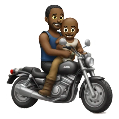 man with motorcycle and baby on back.  on dirt road sticker