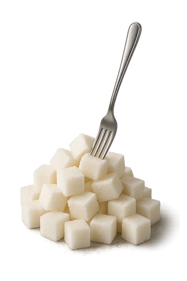 monagna di zollette di zucchero con una forchetta appizzata sopra, iperrealistico 4k sticker