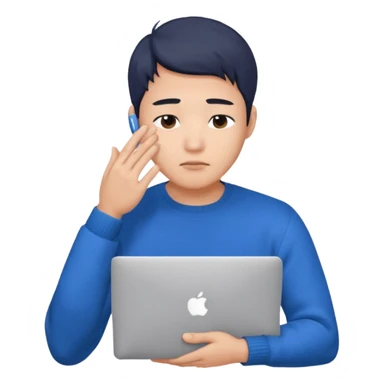 a asian handsome guy wearing a blue knit with white shirt, facepalming with only one hand, with a macbook, only upper body, high quality. more natural sticker