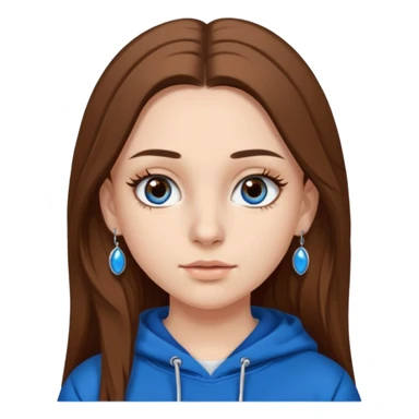 teen girl, white skin, long brown hair middle parted, brown eyes, blue hoodie eyelashes and earrings sticker