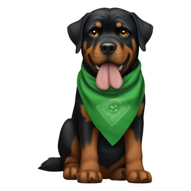 Rottweiler wearing green bandana with a tall skinny male owner that has long curly auburn hair wearing skinny jeans and a T shirt with an eyeball sticker