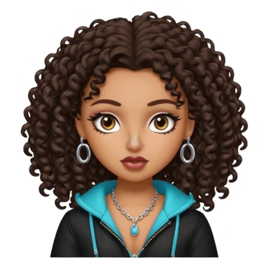 pretty bratz baddie, dark brown curly head, tan skin, nose piercing sticker