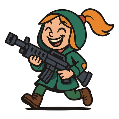 funny, positive stalker girl with a huge machine gun, smiling and energetic sticker