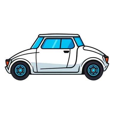 Futuristic retro hover car with angular design and glowing blue wheels, flat vector style, minimal color palette with blue highlights sticker