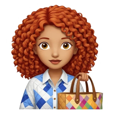 a pretty tan indian bratz girl with curly red hair, wearing an oversized patchwork white shirt, carrying a tote bag sticker