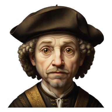 Cinematic Realistic Rembrandt Portrait Emoji, depicted as a master painter with deep reflective eyes and dramatic chiaroscuro, rendered with intricate textures and moody historic lighting that captures his timeless artistry. sticker