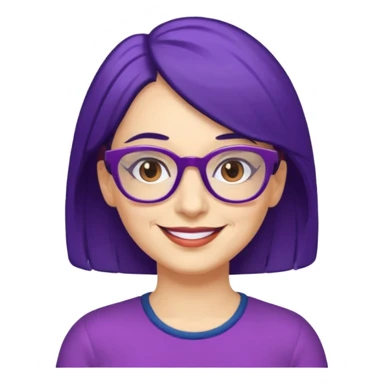 Cartoon 50-year-old youthful woman with purple glasses, brown eyes, and dark blue (not purple) hair to her shoulders. sticker