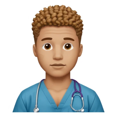 Ripped, athletic man with thick neck, high top fade with no part, curly hair only top only, and show waistline up, add scrubs, man face sticker