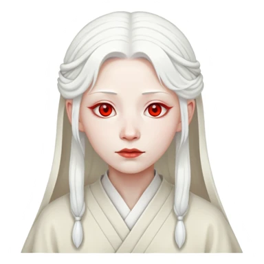 forty year old albino shrine maiden with white hair, red eyes, and pale face sticker
