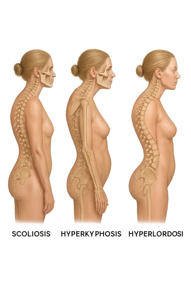 fai un immagine identica che riguarda 3 posture scorrette: scoliosi, ipercifosi e iperlordosi. falla iperrealistica anatomica in 4k sticker
