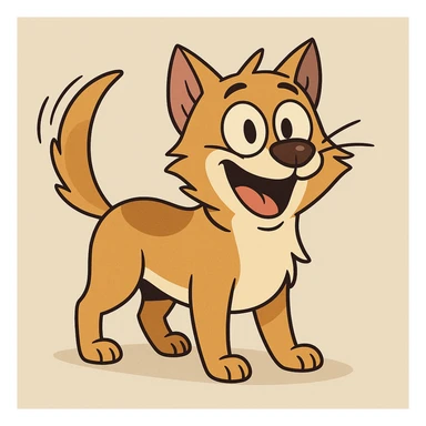 cheerful dog-cat hybrid, wagging tail, bright eyes, joyful, illustrated in a fun style sticker