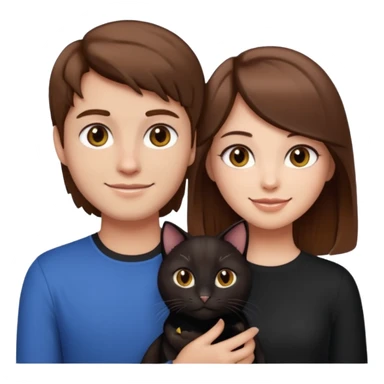 pretty girl with brown hair and makeup holding a black cat standing next to her boyfriend with light skin and brown hair, emoji style sticker