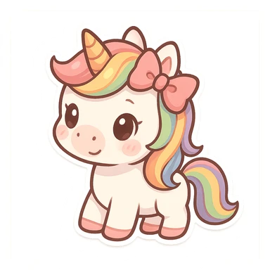 chibi sticker-style unicorn with a bow and rainbow mane, cute and exaggerated sticker