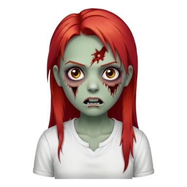 I want to draw a zombie woman, with a scar on her mouth and some bruises on her face, long, straight red hair, and black eyes. She'll be wearing a white shirt. sticker