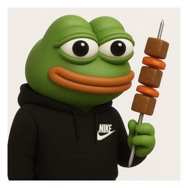 Pepe the Frog in 3D green style holding skewers (shashliks) instead of a bottle, on a white background sticker