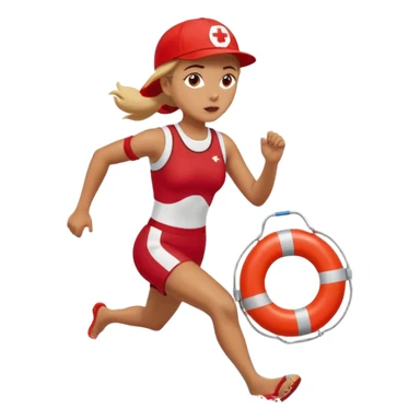 Female lifeguard – red cap, running along shore with rescue buoy sticker
