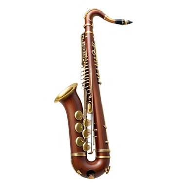 Create an elegant and detailed emoji representing a professional bassoon. The design should feature the sleek wooden body of the bassoon with its rich wood tones, showing the intricate keywork and metal springs. The metal tubing of the instrument should be clearly visible, with polished brass accents. Highlight the bell and the distinctive, curved shape of the instrument. The mouthpiece and reed should be visible at the top, emphasizing the functional details. Use warm wood tones like dark brown, with gold and brass accents for the keys and fittings. Add soft musical notes or soundwaves to represent the deep, resonant sound of the bassoon. The background should be transparent. sticker