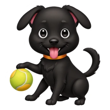 Cute emoji-style illustration of a happy black dog playing with a tennis ball, shiny black fur, joyful expression with tongue out, big expressive eyes, playful pose, vibrant colors, smooth clean lines, high resolution, sticker-style, transparent background sticker