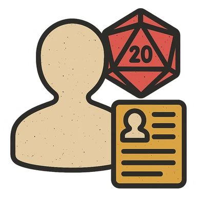 minimalist icon representing Player for DnD TTRPGs with silhouette, D20 dice, or character sheet, worn and distressed look sticker