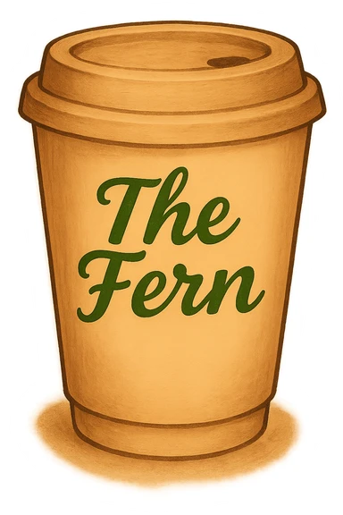 Change the letters that say 'The Fern' to green, keep the handwritten script and cozy, inviting vibe on the to-go cup. Maintain the cozy and inviting vibe with a handwritten script style for the text. sticker